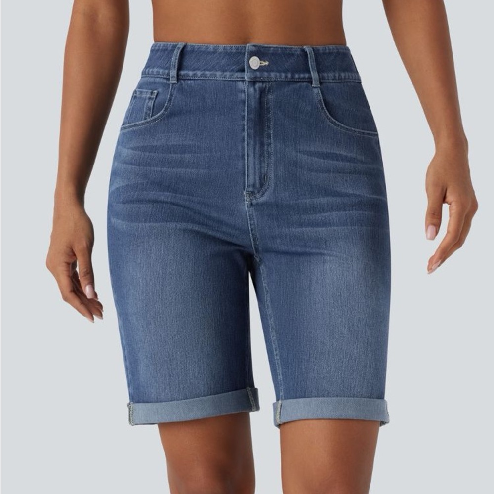 Halara Flex™ High Waisted Pockets Rolled Hem Washed Denim Casual Bermuda Shorts